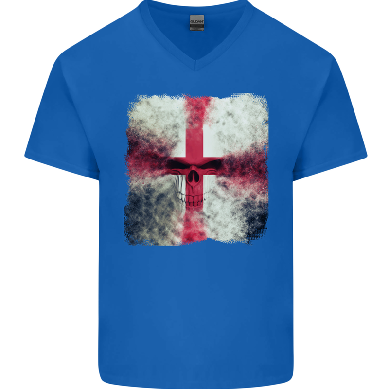 Dissolving England Flag St. George's Skull Mens V-Neck Cotton T-Shirt Royal Blue