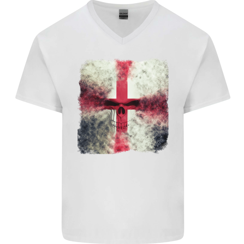 Dissolving England Flag St. George's Skull Mens V-Neck Cotton T-Shirt White