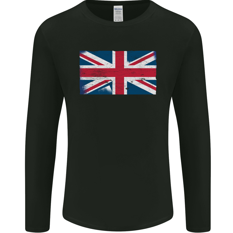 Distressed Union Jack Flag Great Britain Mens Long Sleeve T-Shirt Black