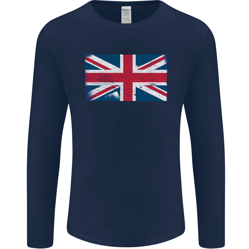 Distressed Union Jack Flag Great Britain Mens Long Sleeve T-Shirt Navy Blue