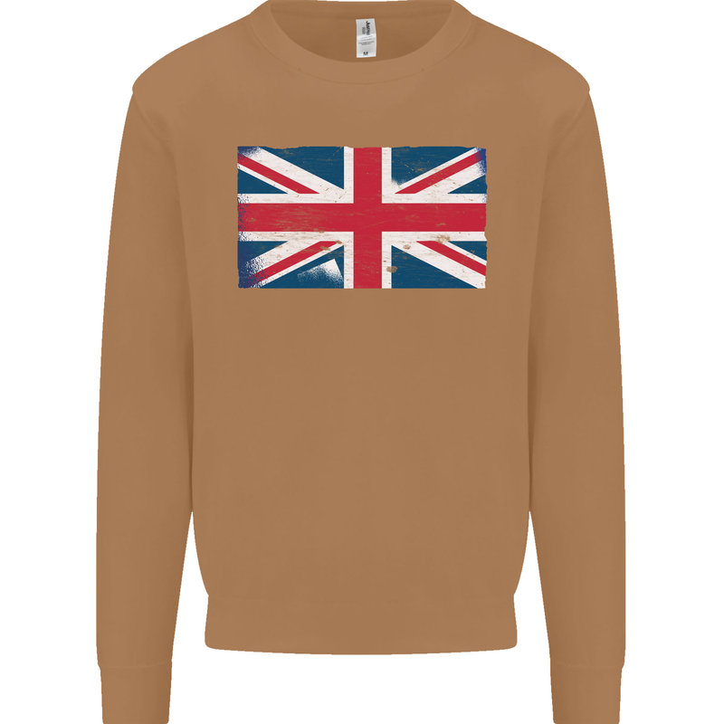 Distressed Union Jack Flag Great Britain Mens Sweatshirt Jumper Caramel Latte