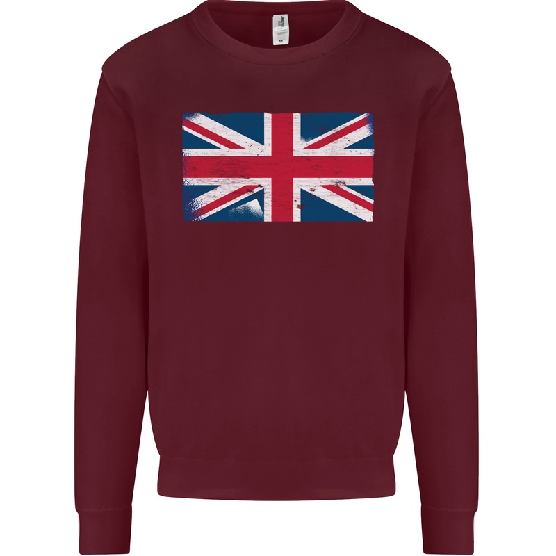 Distressed Union Jack Flag Great Britain Mens Sweatshirt Jumper Maroon