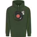 Distressed Vinyl Turntable DJ DJing Childrens Kids Hoodie Forest Green