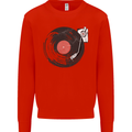 Distressed Vinyl Turntable DJ DJing Kids Sweatshirt Jumper Bright Red