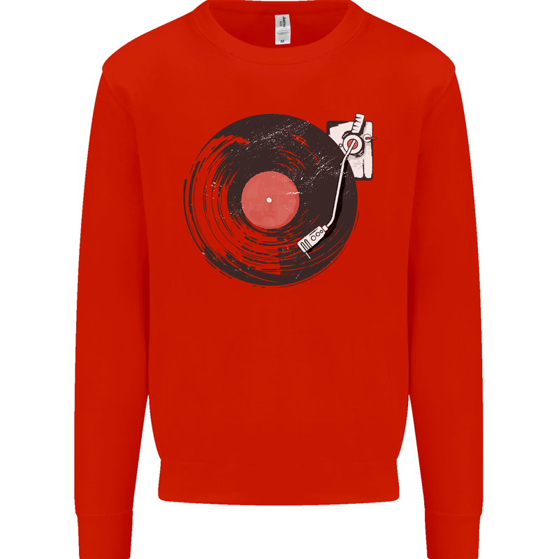 Distressed Vinyl Turntable DJ DJing Kids Sweatshirt Jumper Bright Red