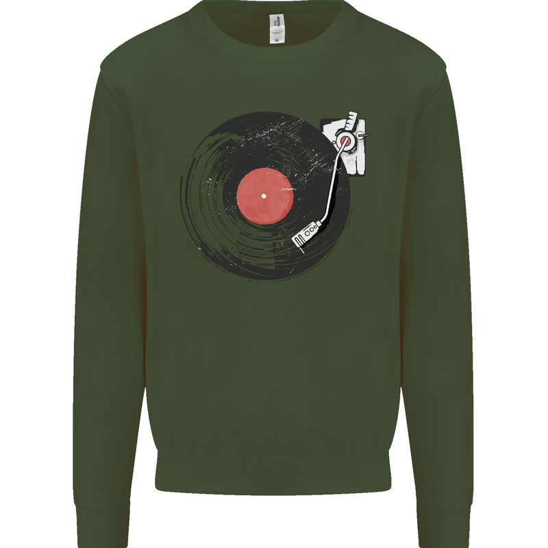 Distressed Vinyl Turntable DJ DJing Kids Sweatshirt Jumper Forest Green