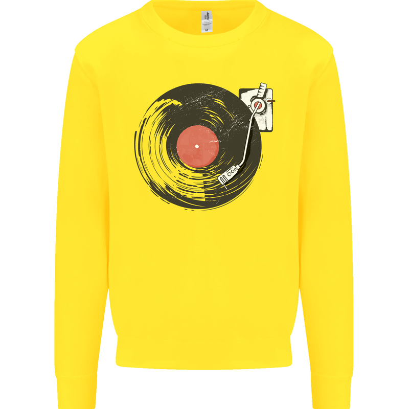Distressed Vinyl Turntable DJ DJing Kids Sweatshirt Jumper Yellow