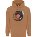 Distressed Vinyl Turntable DJ DJing Mens 80% Cotton Hoodie Caramel Latte