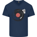 Distressed Vinyl Turntable DJ DJing Mens V-Neck Cotton T-Shirt Navy Blue