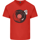 Distressed Vinyl Turntable DJ DJing Mens V-Neck Cotton T-Shirt Red