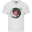 Distressed Vinyl Turntable DJ DJing Mens V-Neck Cotton T-Shirt White