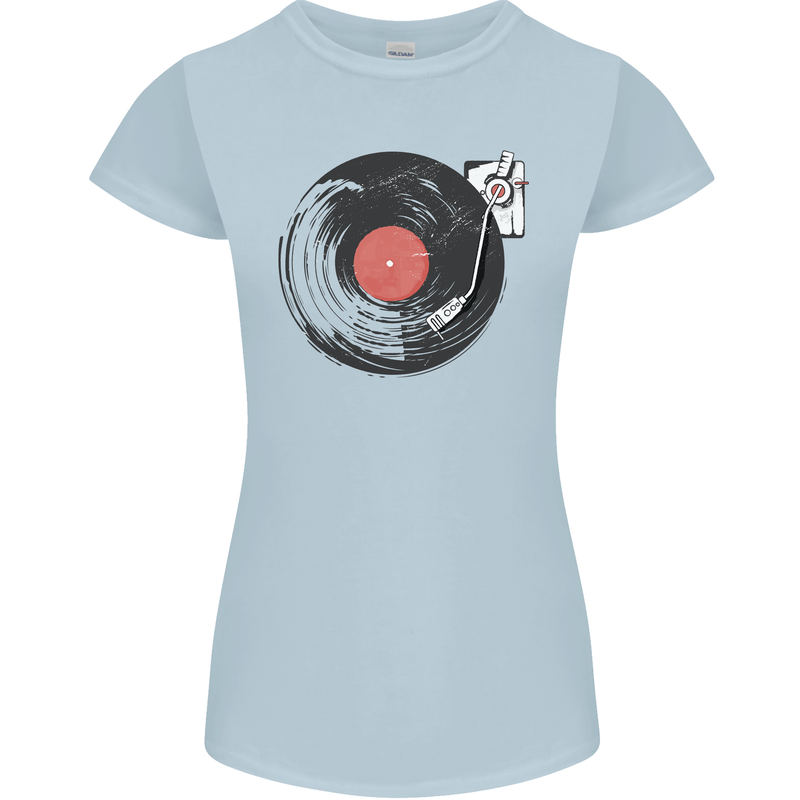 Distressed Vinyl Turntable DJ DJing Womens Petite Cut T-Shirt Light Blue