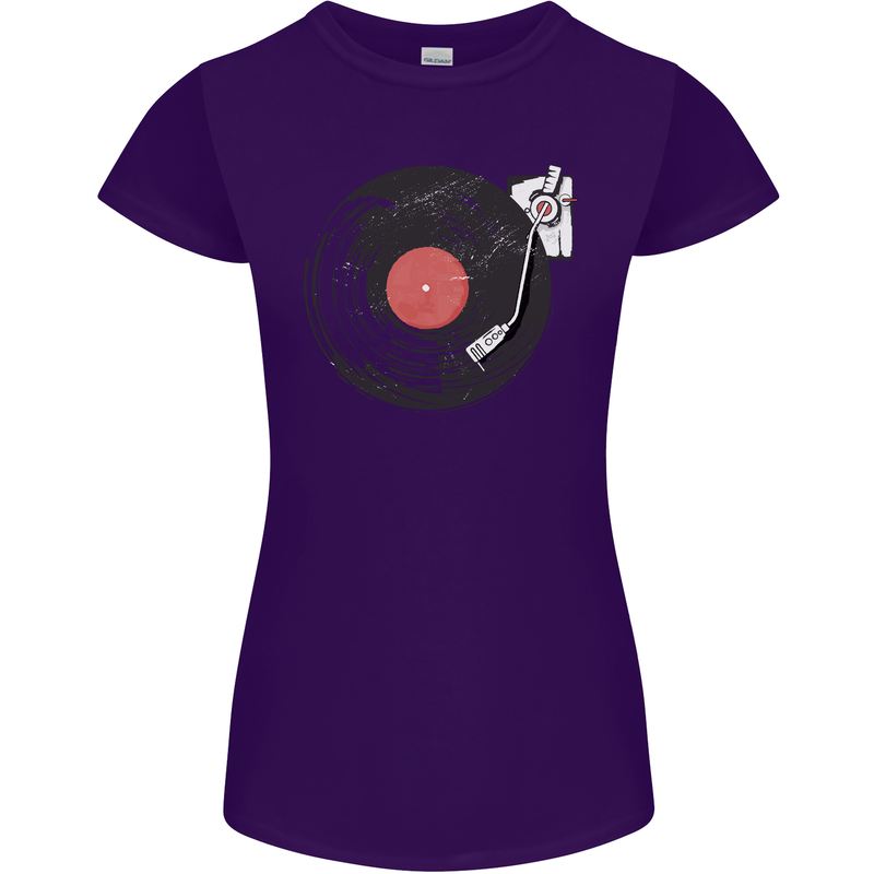 Distressed Vinyl Turntable DJ DJing Womens Petite Cut T-Shirt Purple