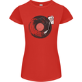 Distressed Vinyl Turntable DJ DJing Womens Petite Cut T-Shirt Red
