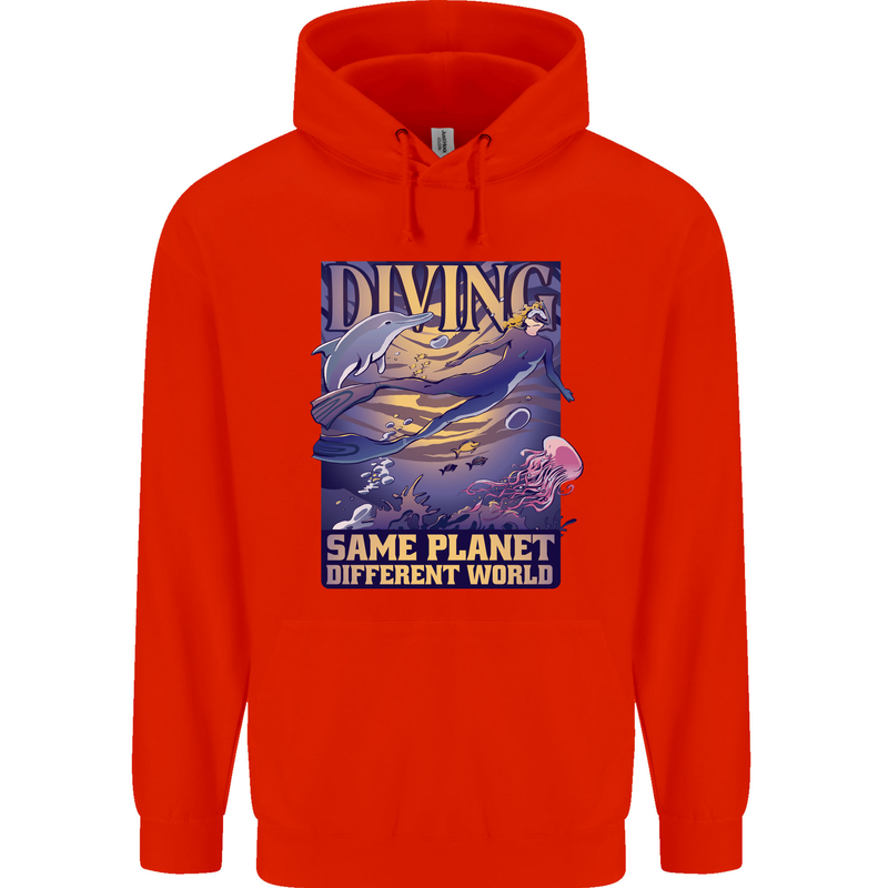 Diver Same Planet Different World Mens 80% Cotton Hoodie Bright Red