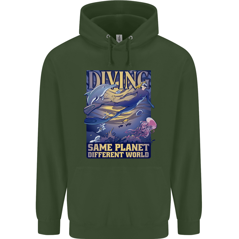Diver Same Planet Different World Mens 80% Cotton Hoodie Forest Green