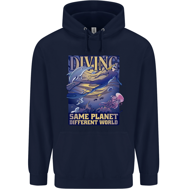 Diver Same Planet Different World Mens 80% Cotton Hoodie Navy Blue