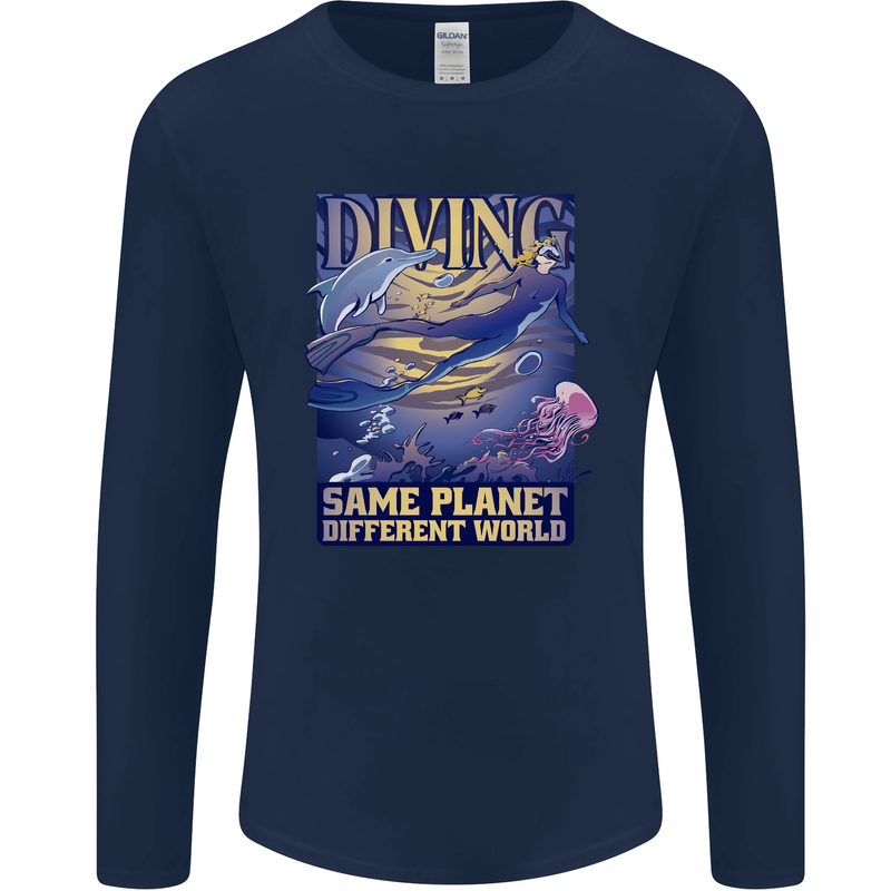 Diver Same Planet Different World Mens Long Sleeve T-Shirt Navy Blue