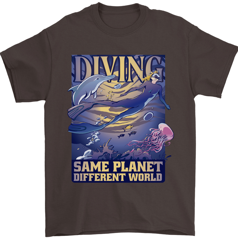 Diver Same Planet Different World Mens T-Shirt Cotton Gildan Dark Chocolate