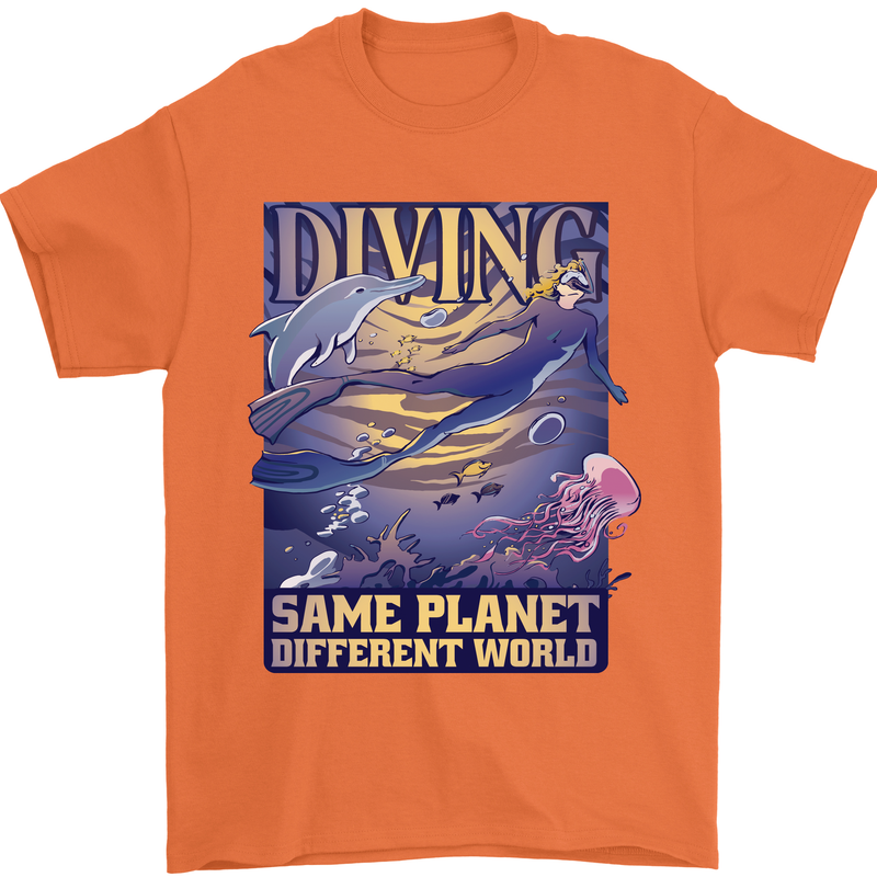 Diver Same Planet Different World Mens T-Shirt Cotton Gildan Orange