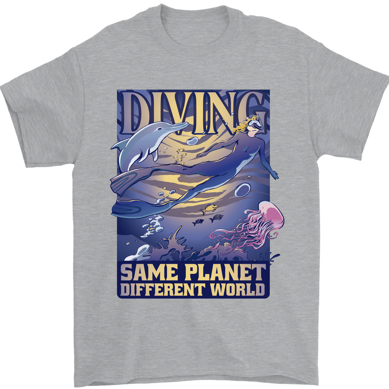 Diver Same Planet Different World Mens T-Shirt Cotton Gildan Sports Grey