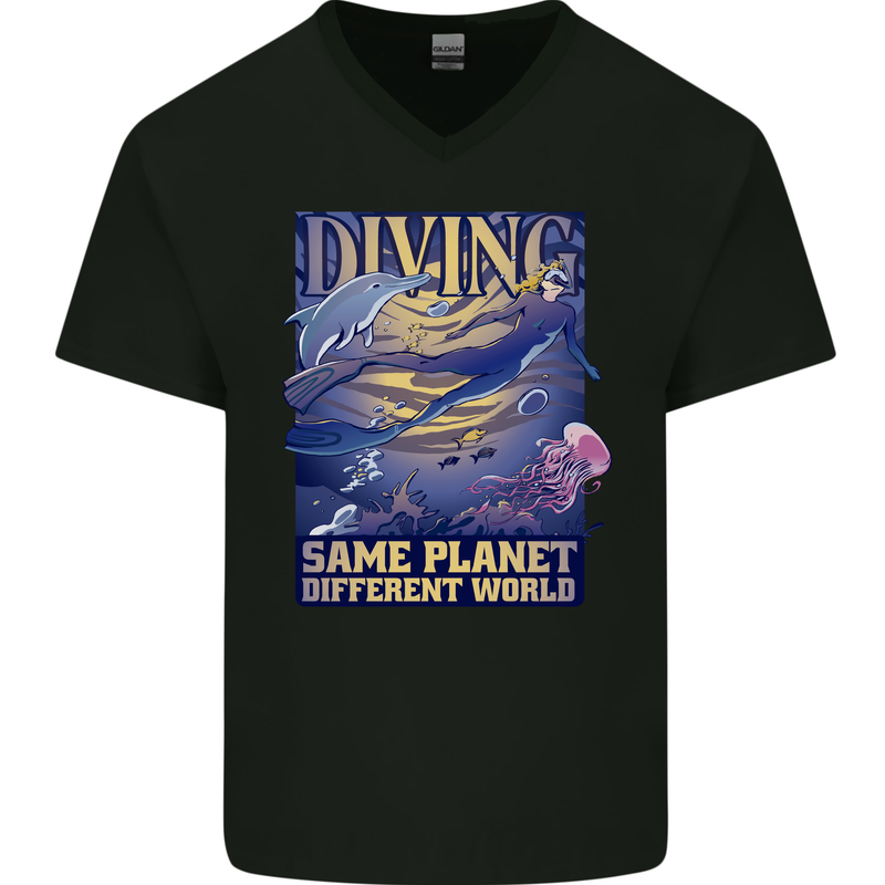 Diver Same Planet Different World Mens V-Neck Cotton T-Shirt Black