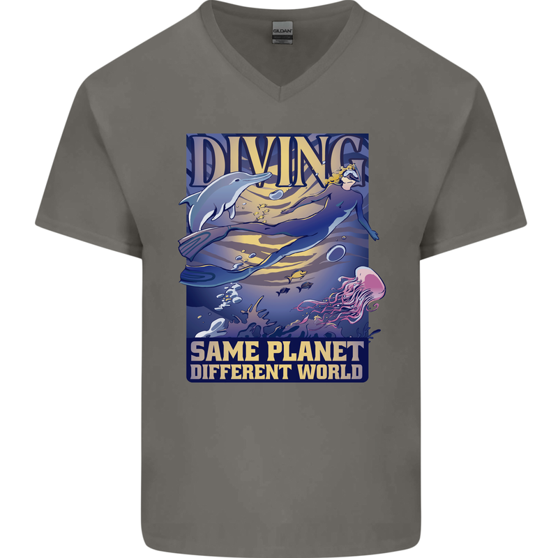 Diver Same Planet Different World Mens V-Neck Cotton T-Shirt Charcoal