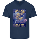 Diver Same Planet Different World Mens V-Neck Cotton T-Shirt Navy Blue