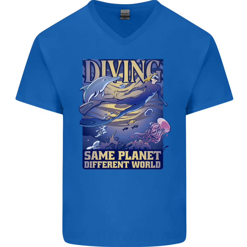 Diver Same Planet Different World Mens V-Neck Cotton T-Shirt Royal Blue