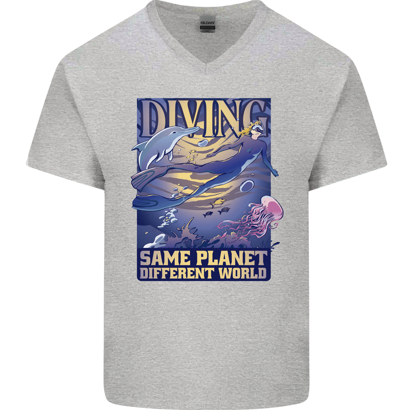 Diver Same Planet Different World Mens V-Neck Cotton T-Shirt Sports Grey