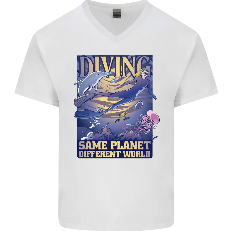 Diver Same Planet Different World Mens V-Neck Cotton T-Shirt White