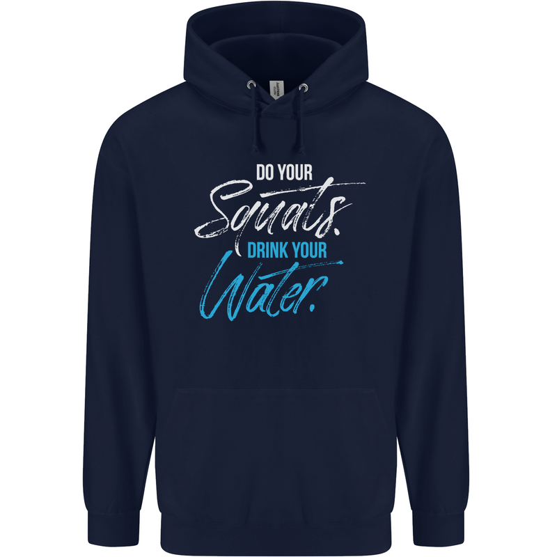 Do Your Squats Drink Water Gym Training Top Mens 80% Cotton Hoodie Navy Blue