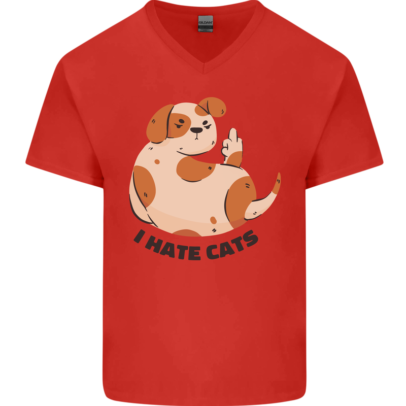 Dog I Hate Cats Funny Mens V-Neck Cotton T-Shirt Red