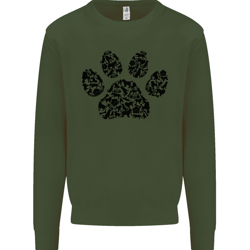Dog Paw Print Word Art Kids Sweatshirt Jumper Forest Green