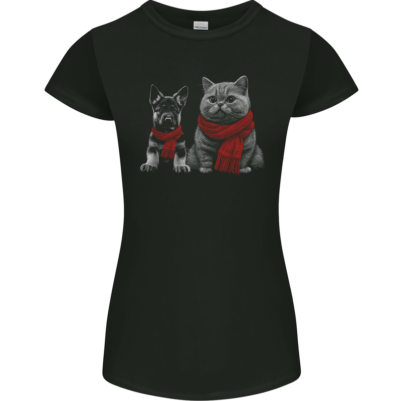 Dog & Cat in Scarves German Shepherd Womens Petite Cut T-Shirt Black