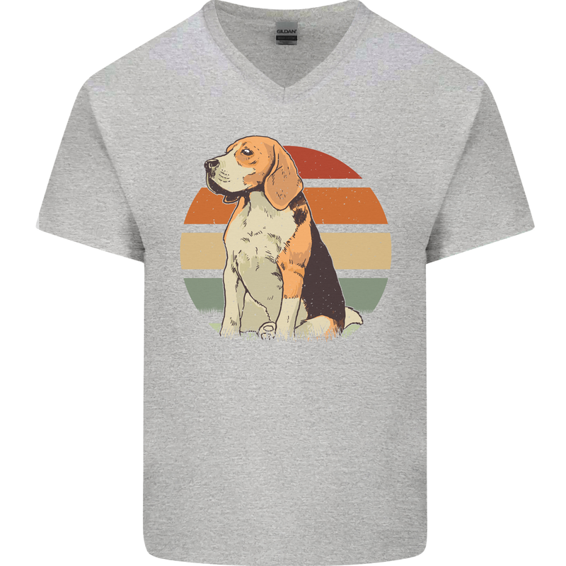 Dogs Beagle With a Retro Sunset Background Mens V-Neck Cotton T-Shirt Sports Grey