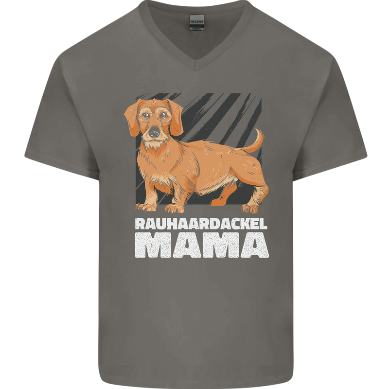 Dogs Rauhaardackel Mama Mens V-Neck Cotton T-Shirt Charcoal