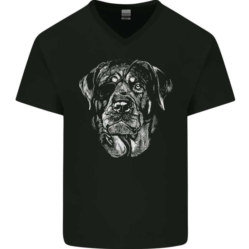 Dogs Rottweiler with Eye Patch Mens V-Neck Cotton T-Shirt Black