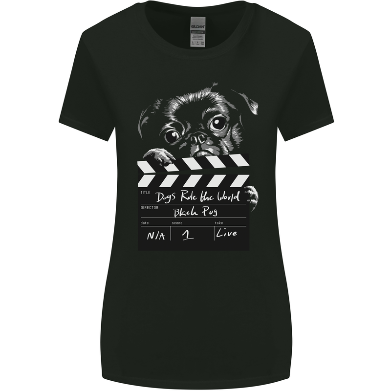 Dogs Rule the World Movie Black Pug Funny Womens Wider Cut T-Shirt Black