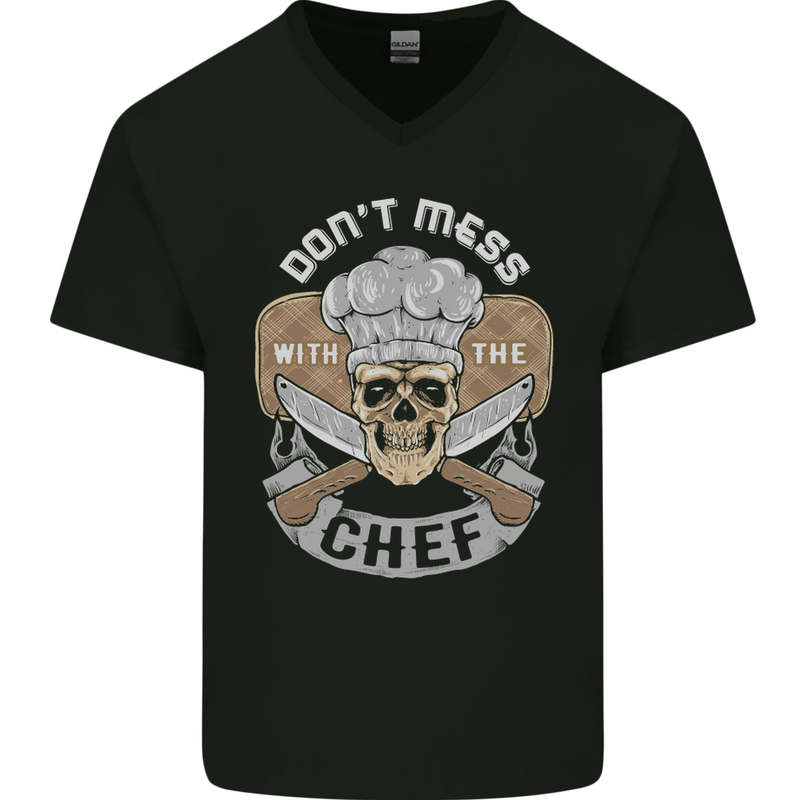 Don't Mess With the Chef Cooking Skull Mens V-Neck Cotton T-Shirt Black
