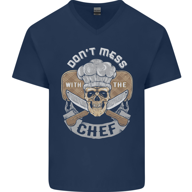 Don't Mess With the Chef Cooking Skull Mens V-Neck Cotton T-Shirt Navy Blue