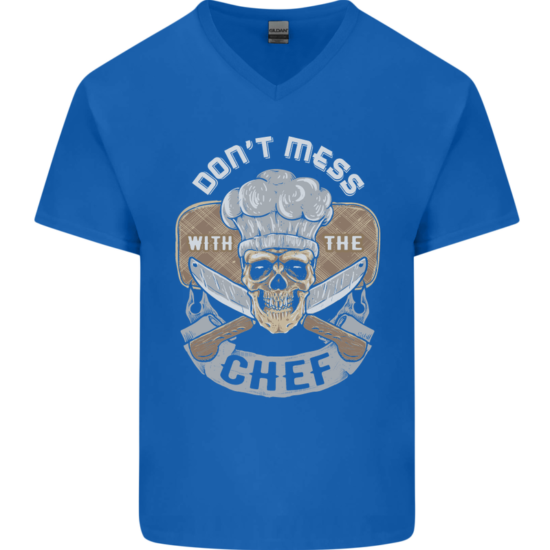 Don't Mess With the Chef Cooking Skull Mens V-Neck Cotton T-Shirt Royal Blue