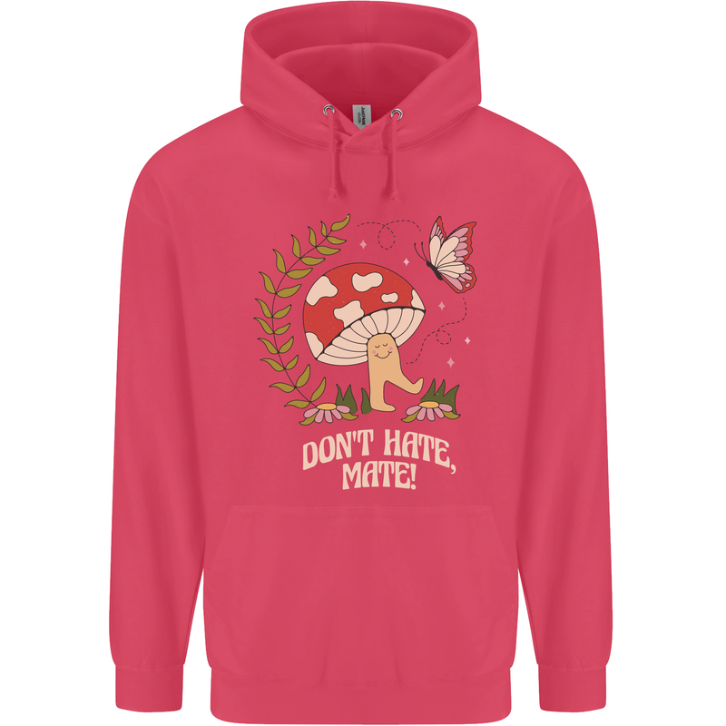 Dont Hate Mate Peace Hippy Toadstool Childrens Kids Hoodie Heliconia
