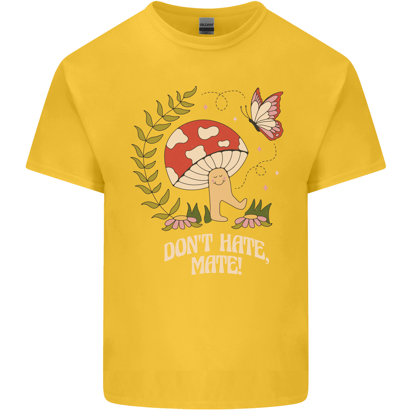 Dont Hate Mate Peace Hippy Toadstool Kids T-Shirt Childrens Yellow