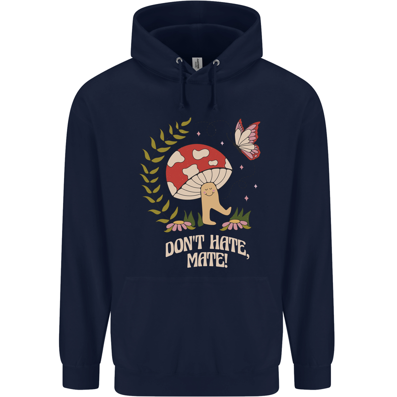 Dont Hate Mate Peace Hippy Toadstool Mens 80% Cotton Hoodie Navy Blue
