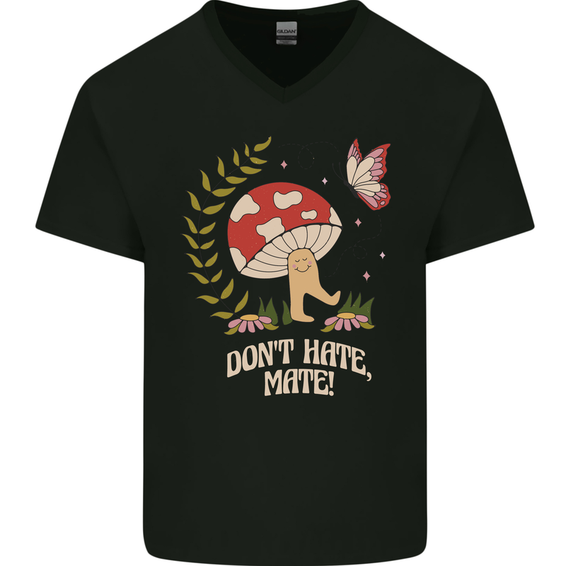 Dont Hate Mate Peace Hippy Toadstool Mens V-Neck Cotton T-Shirt Black