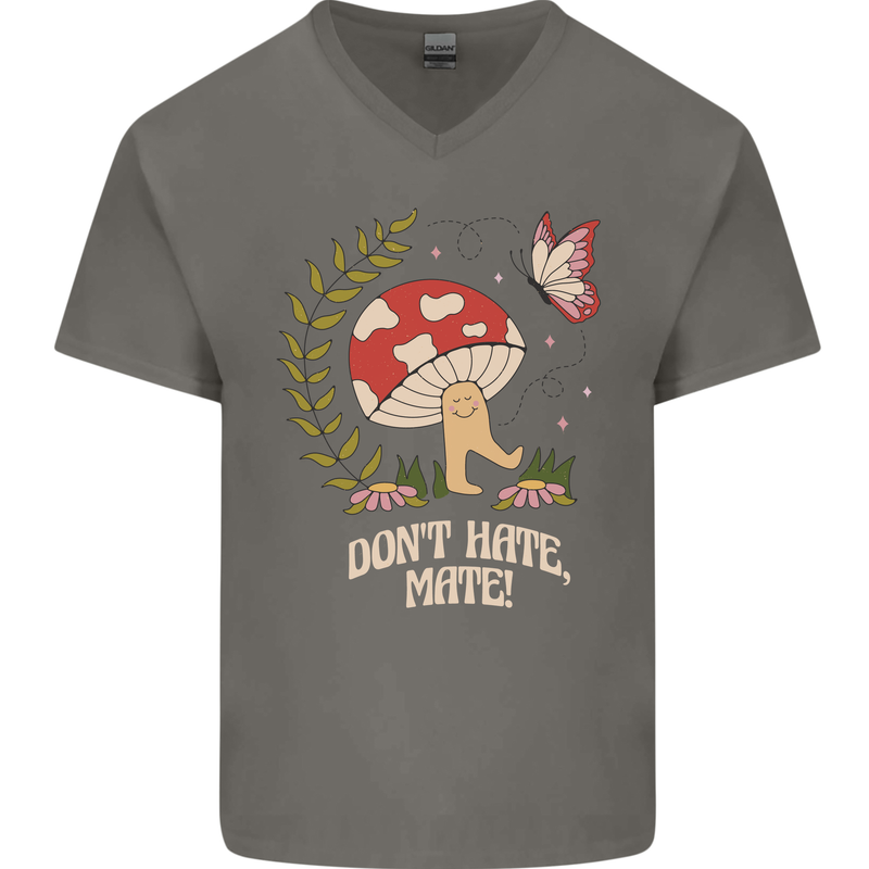 Dont Hate Mate Peace Hippy Toadstool Mens V-Neck Cotton T-Shirt Charcoal