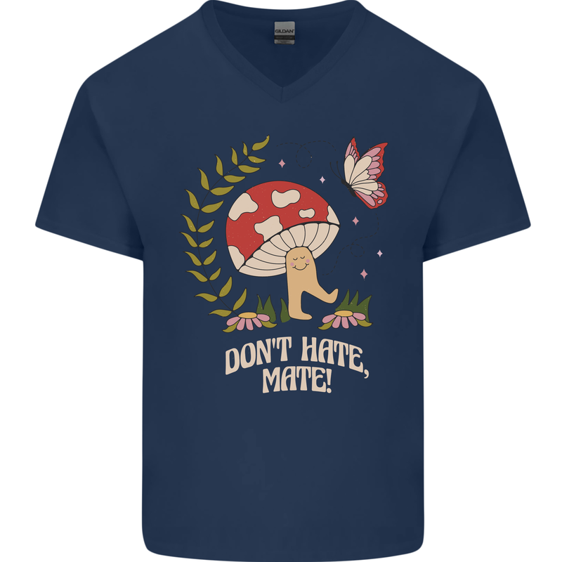 Dont Hate Mate Peace Hippy Toadstool Mens V-Neck Cotton T-Shirt Navy Blue