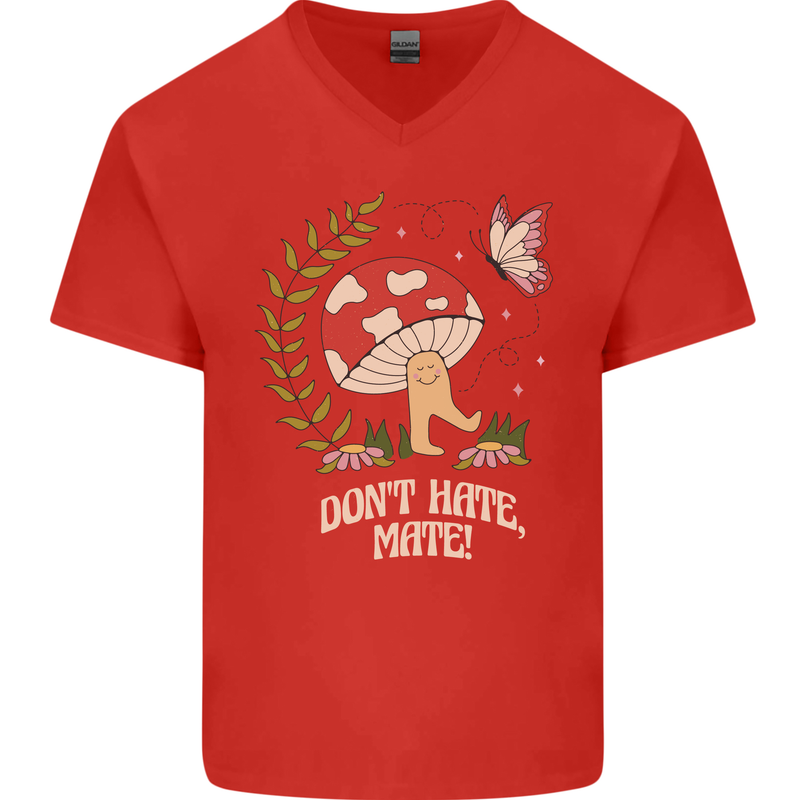 Dont Hate Mate Peace Hippy Toadstool Mens V-Neck Cotton T-Shirt Red