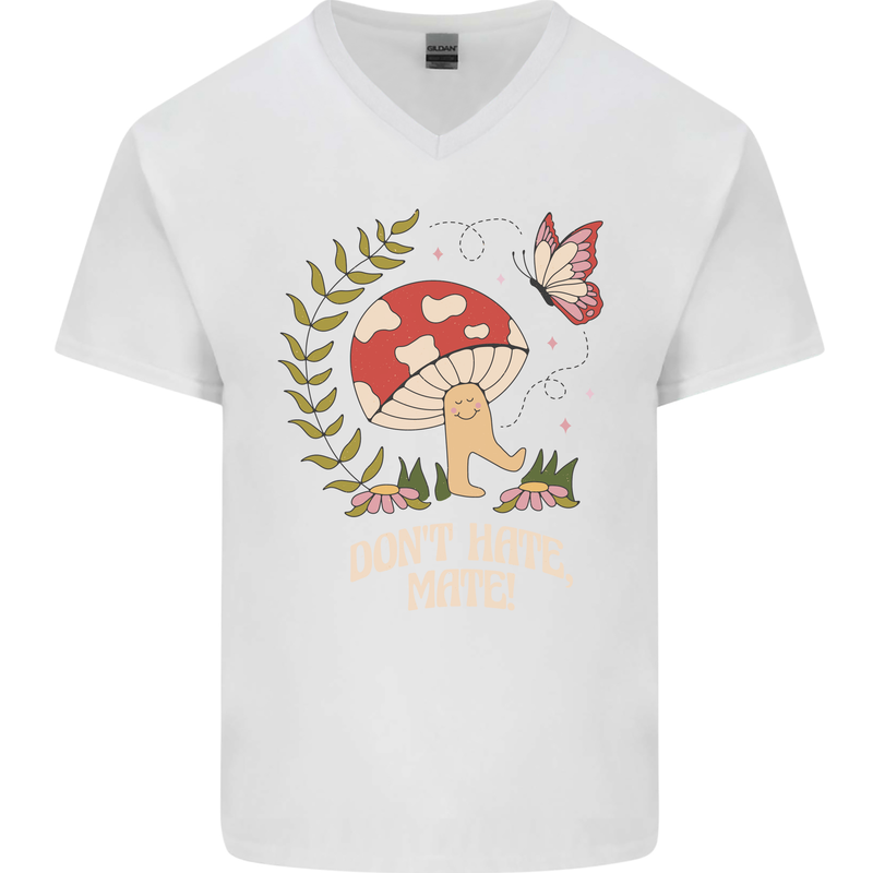 Dont Hate Mate Peace Hippy Toadstool Mens V-Neck Cotton T-Shirt White